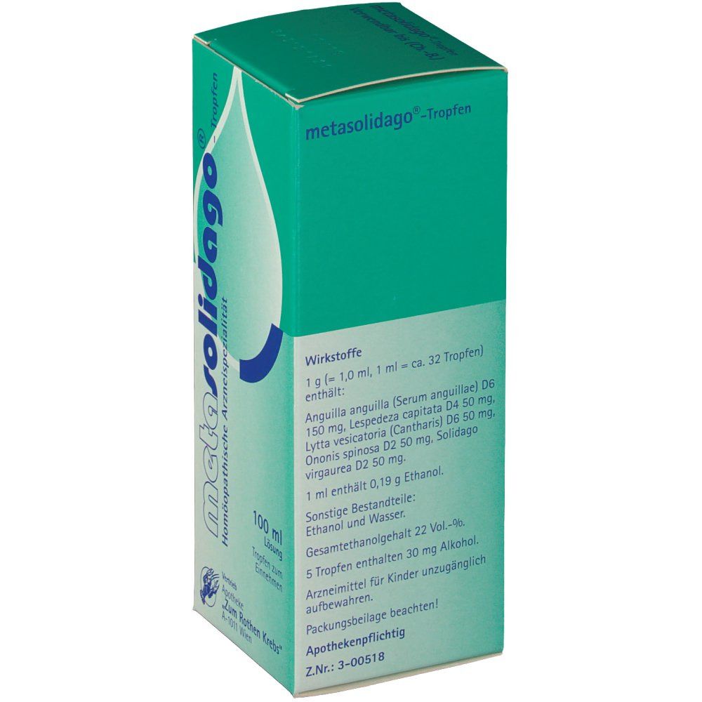 Grüne Schachtel "metasolidago®"-Tropfen. Enthält Wirkstoffe und 100 ml Lösung. Homöopathisches Arzneimittel.