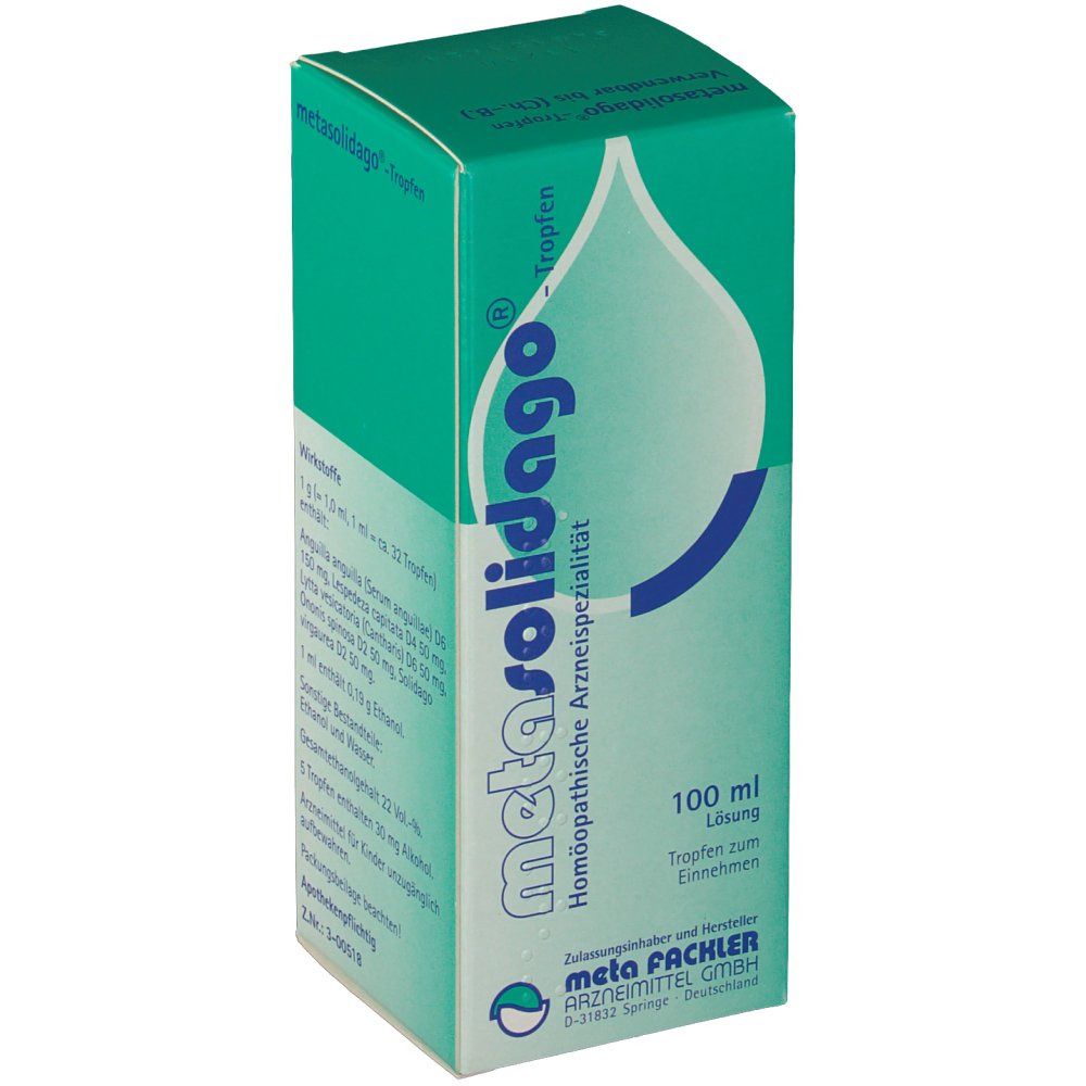Grüne Schachtel "metasolidago®"-Tropfen. Enthält 100 ml Lösung. Homöopathisches Arzneimittel. Hersteller: meta Fackler GmbH.