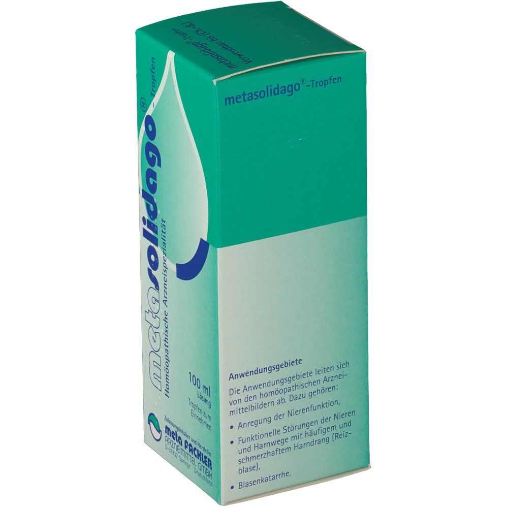 Grüne Schachtel "metasolidago®"-Tropfen. Anwendung: Nieren- und Harnwegsbeschwerden. 100 ml Lösung. Homöopathisches Arzneimittel.