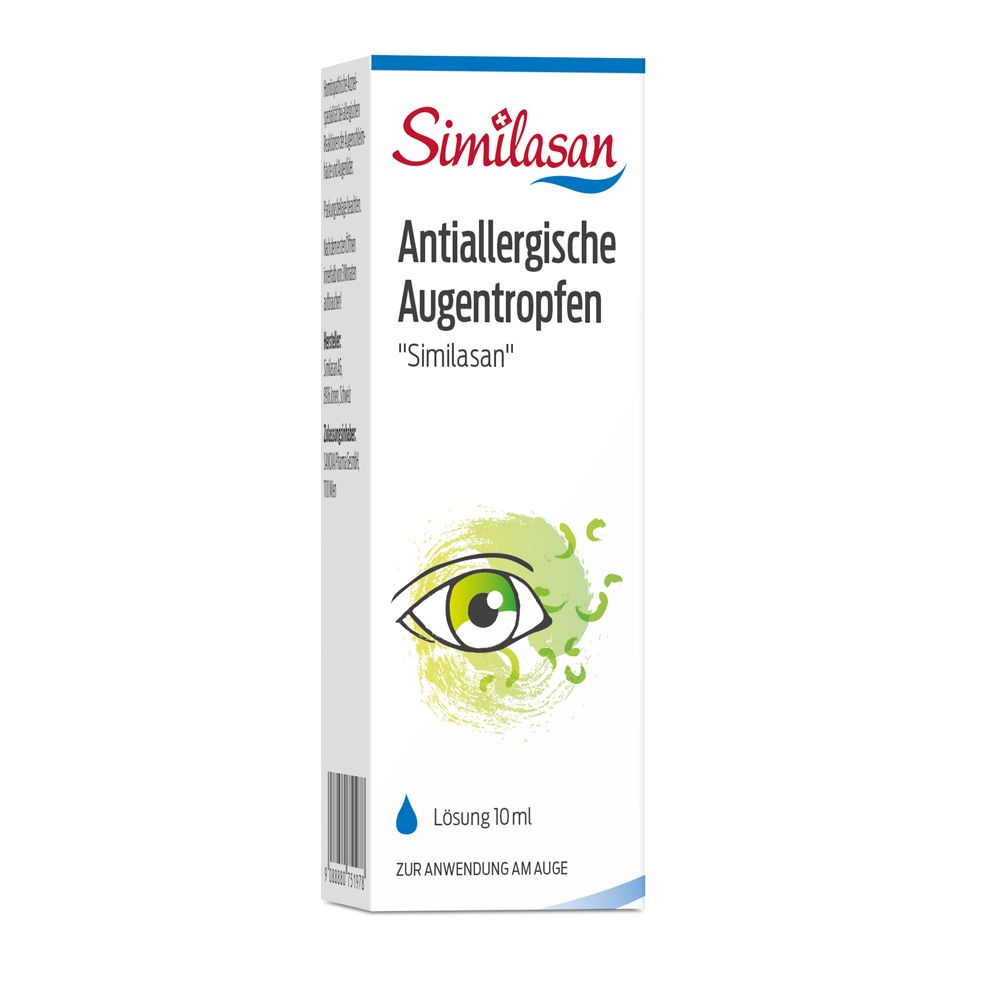 Verpackung von Antiallergische Augentropfen Similasan. Aufschrift: Similasan, Antiallergische Augentropfen. Abbildung eines Auges.