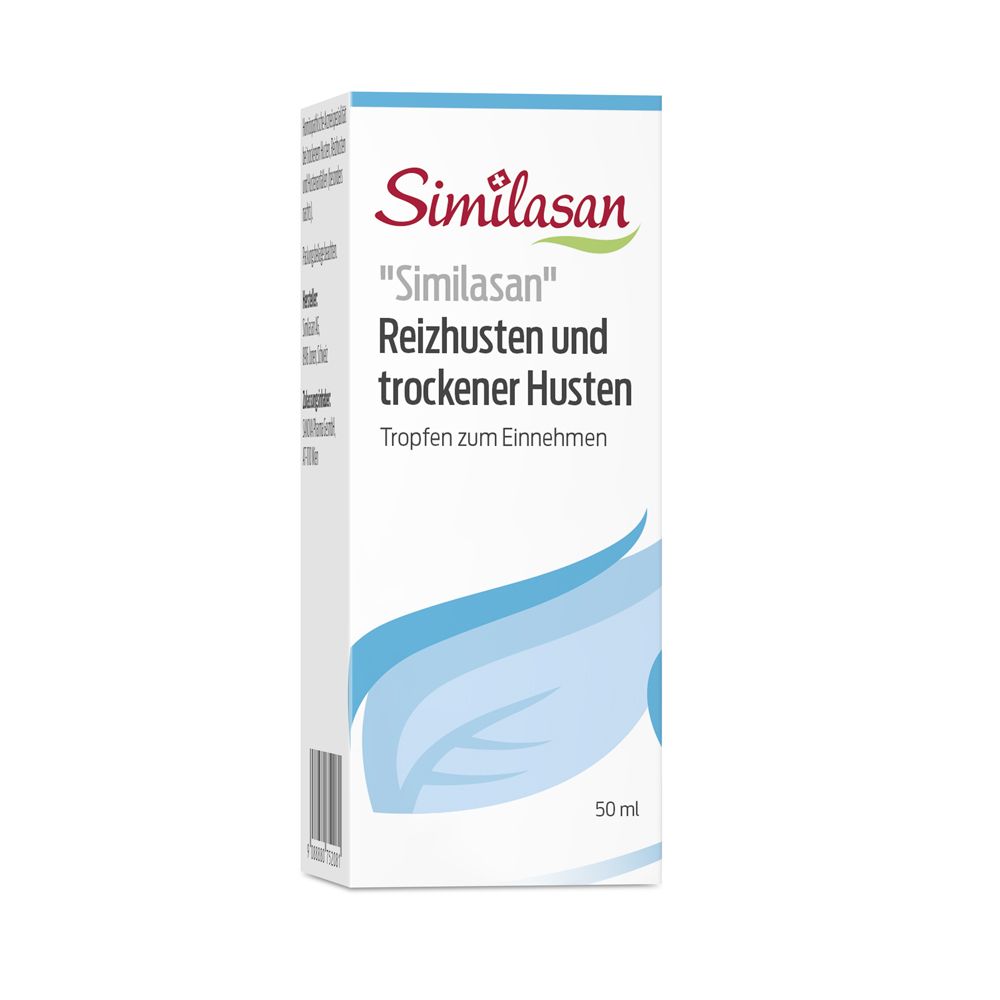 Similasan-Schachtel mit Produktinformationen. Text: "Reizhusten und trockener Husten". Blaue Wellenform.