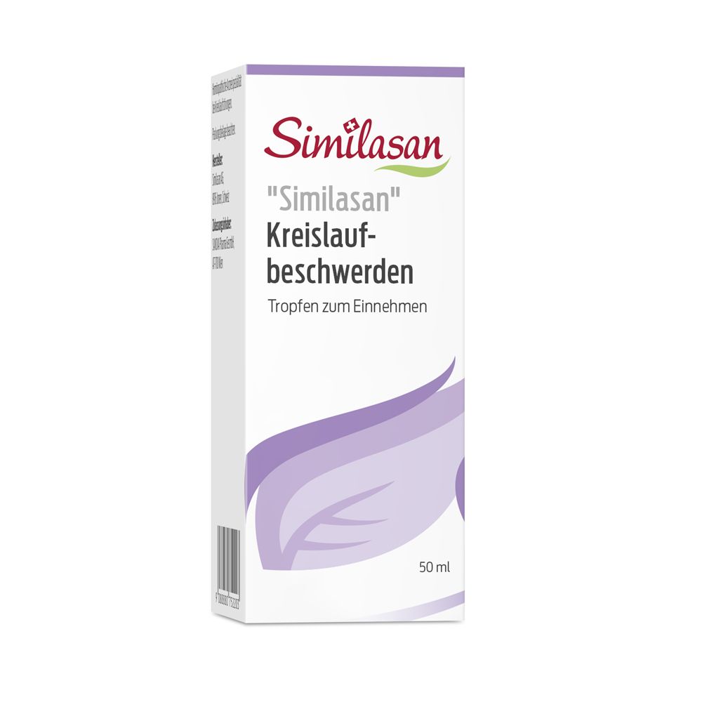 Weiße Schachtel mit Produktaufdruck. Aufschrift: Similasan, Tropfen gegen Kreislaufbeschwerden. Lila Wellenmuster.