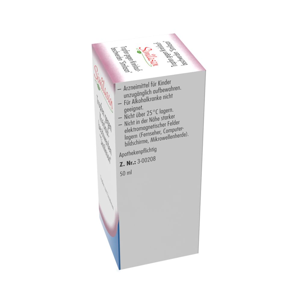 Weiße Schachtel mit Produktinformationen. Aufschrift: Similasan, Apothekenpflichtig. 50 ml.