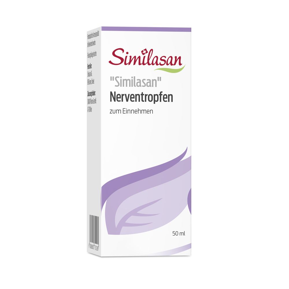 Weiße Schachtel mit Similasan Nerventropfen. Lila Blattmotiv. Aufschrift: Nerventropfen zum Einnehmen. 50 ml.