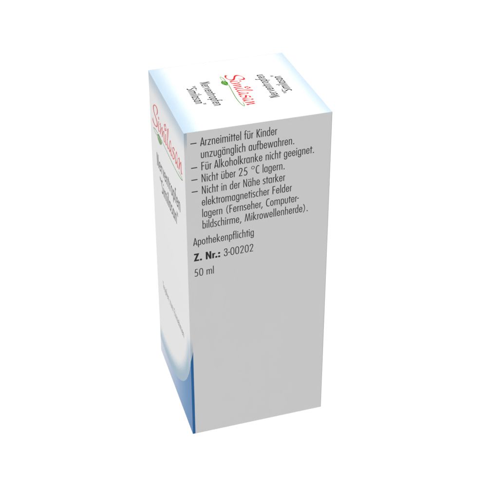 Weiße Schachtel mit Aufschrift Similasan Nerventropfen. 50 ml. Text auf der Seite. Apothekenpflichtig.