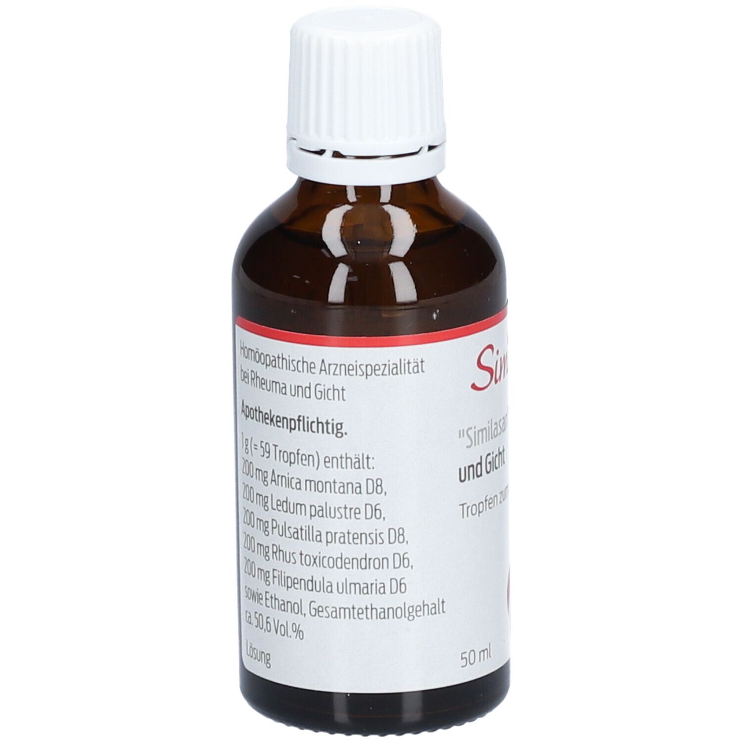 Braune Glasflasche mit weißem Verschluss. Etikett mit Inhaltsstoffen und Dosierung. Similasan Rheuma und Gicht. 50 ml.