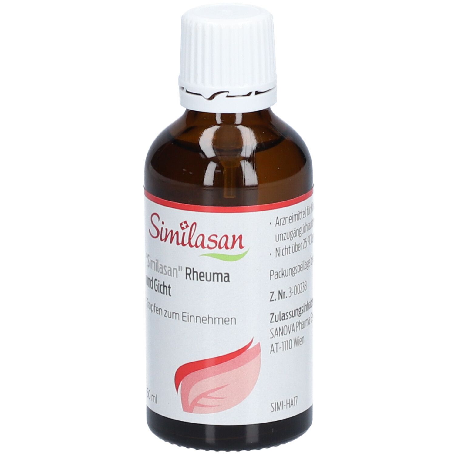 Braune Glasflasche mit weißem Verschluss. Etikett mit Produktnamen und Anwendung. Similasan Rheuma und Gicht. 50 ml.