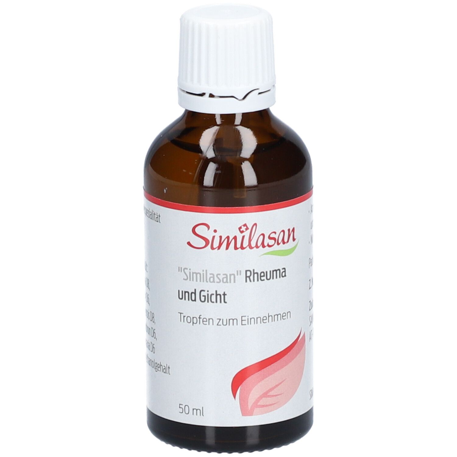 Braune Glasflasche mit weißem Verschluss. Etikett mit Produktnamen und Anwendung. Similasan Rheuma und Gicht. 50 ml.