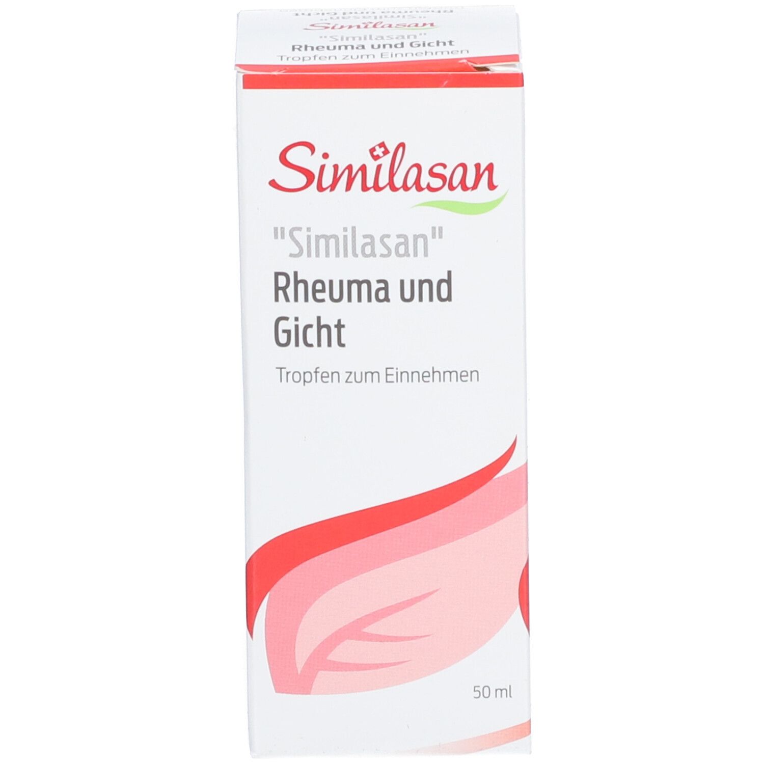 Verpackung. Weiße Schachtel mit rotem und grünem Logo. Similasan Rheuma und Gicht. 50 ml.