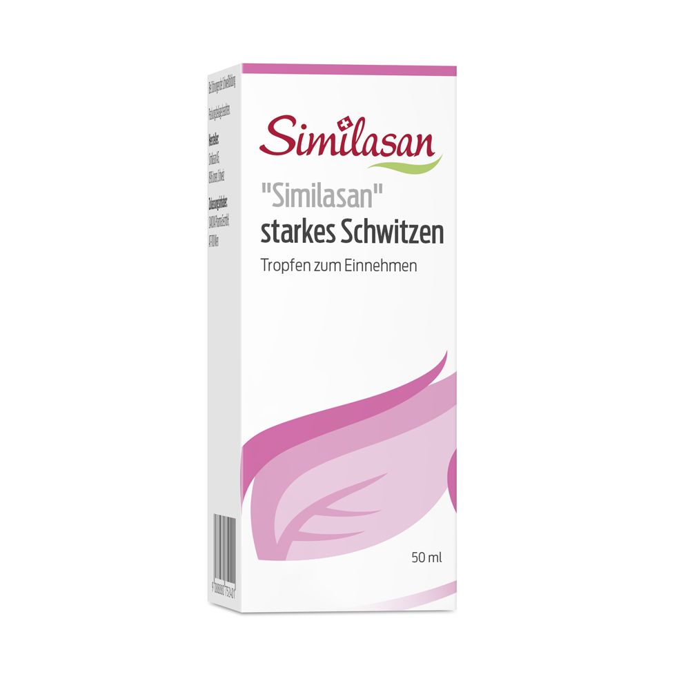 Weiße Schachtel mit rosa Blütenmotiv. Aufschrift Similasan, "starkes Schwitzen". Tropfen zum Einnehmen. 50 ml.