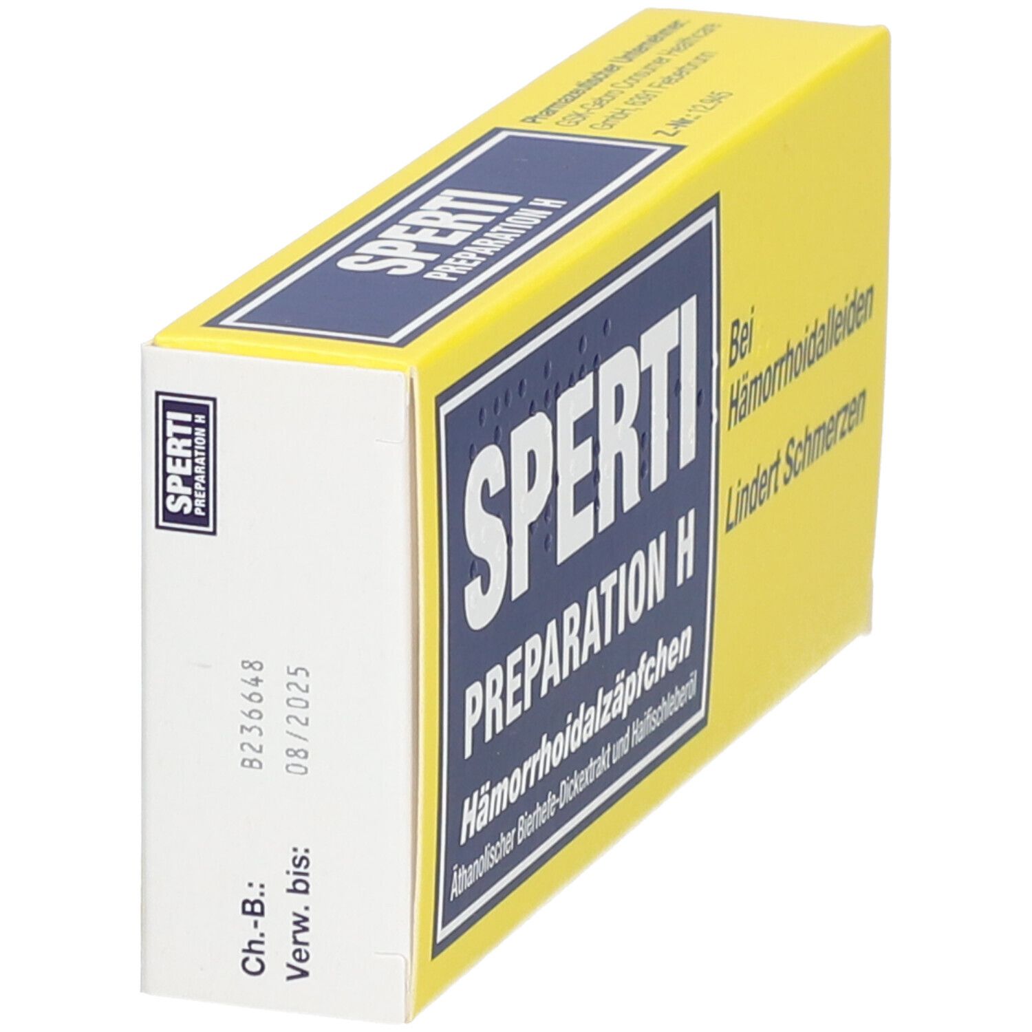 Gelbe Schachtel mit blauer Schrift. Aufschrift: SPERTI Preparation H Hämorrhoidalzäpfchen. Auf der Seite: Verwendbar bis 08/2025.