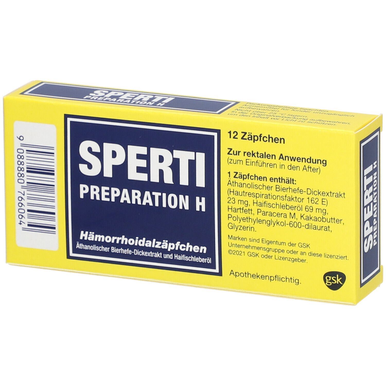 Gelbe Schachtel mit blauer Schrift. Aufschrift: SPERTI Preparation H Hämorrhoidalzäpfchen. Enthält 12 Zäpfchen. Apothekenpflichtig.