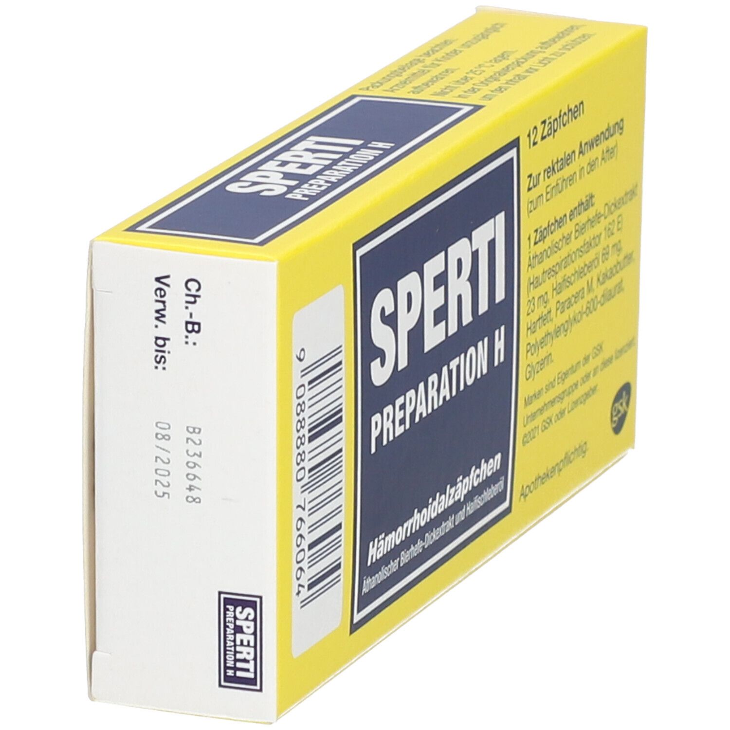Gelbe Schachtel mit blauer Schrift. Aufschrift: SPERTI Preparation H Hämorrhoidalzäpfchen. Enthält 12 Zäpfchen. Verwendbar bis 08/2025.