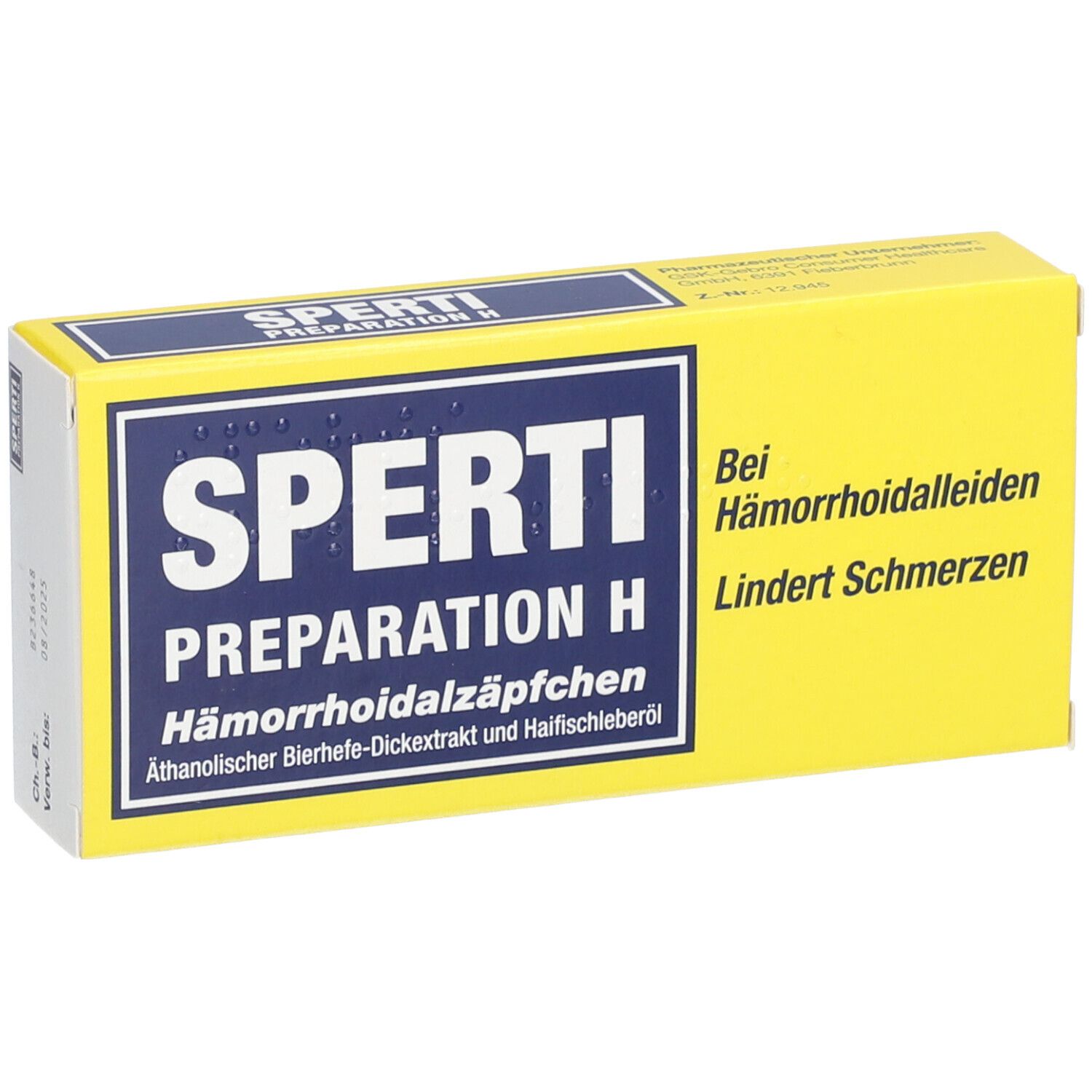 Gelbe Schachtel mit blauer Schrift. Aufschrift: SPERTI Preparation H Hämorrhoidalzäpfchen. Text: Bei Hämorrhoidalleiden, lindert Schmerzen.