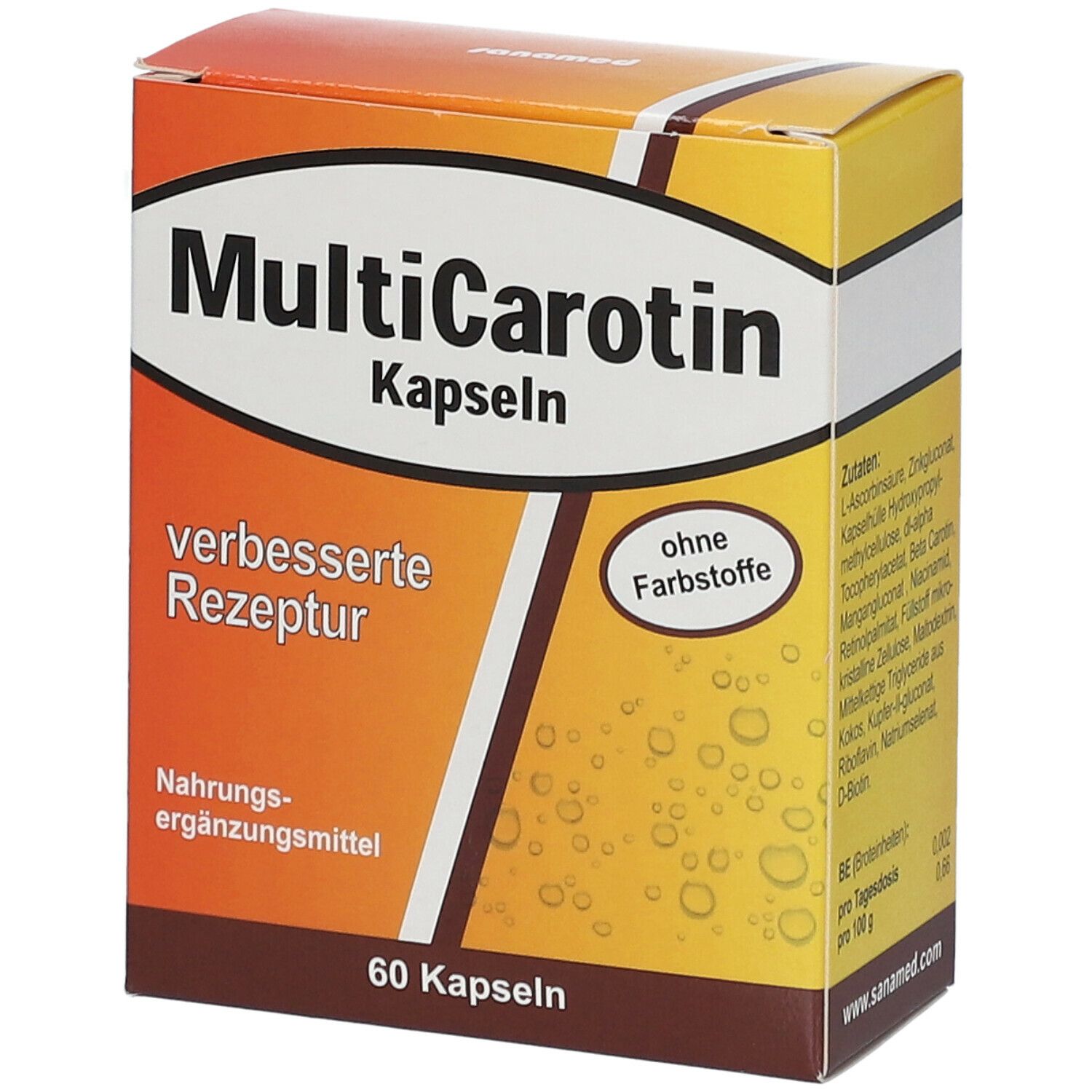 Verpackung von MultiCarotin Kapseln. Aufschrift: MultiCarotin Kapseln, verbesserte Rezeptur, ohne Farbstoffe, 60 Kapseln.
