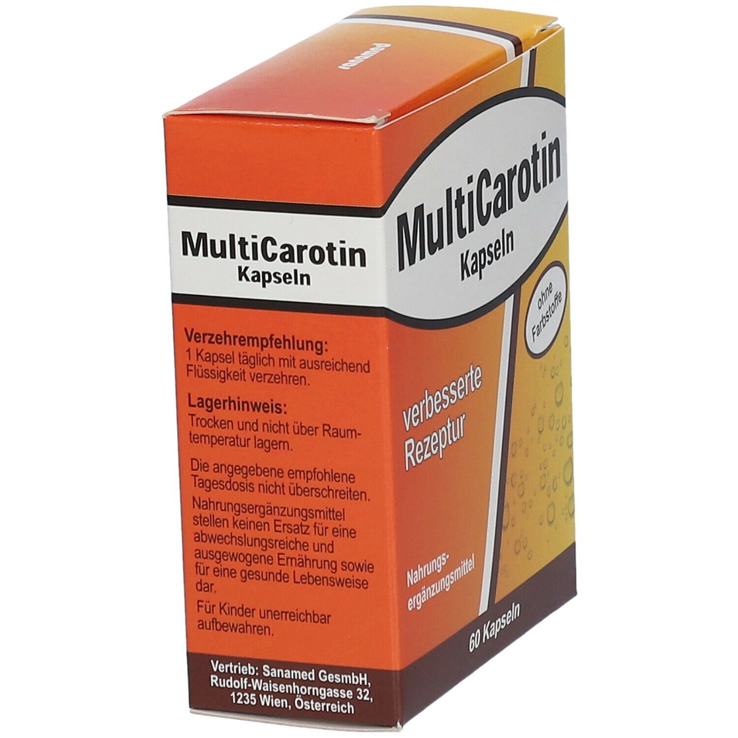 Schrägansicht der MultiCarotin Kapseln Verpackung. Aufschrift: MultiCarotin Kapseln, verbesserte Rezeptur, 60 Kapseln. Text über Anwendung.