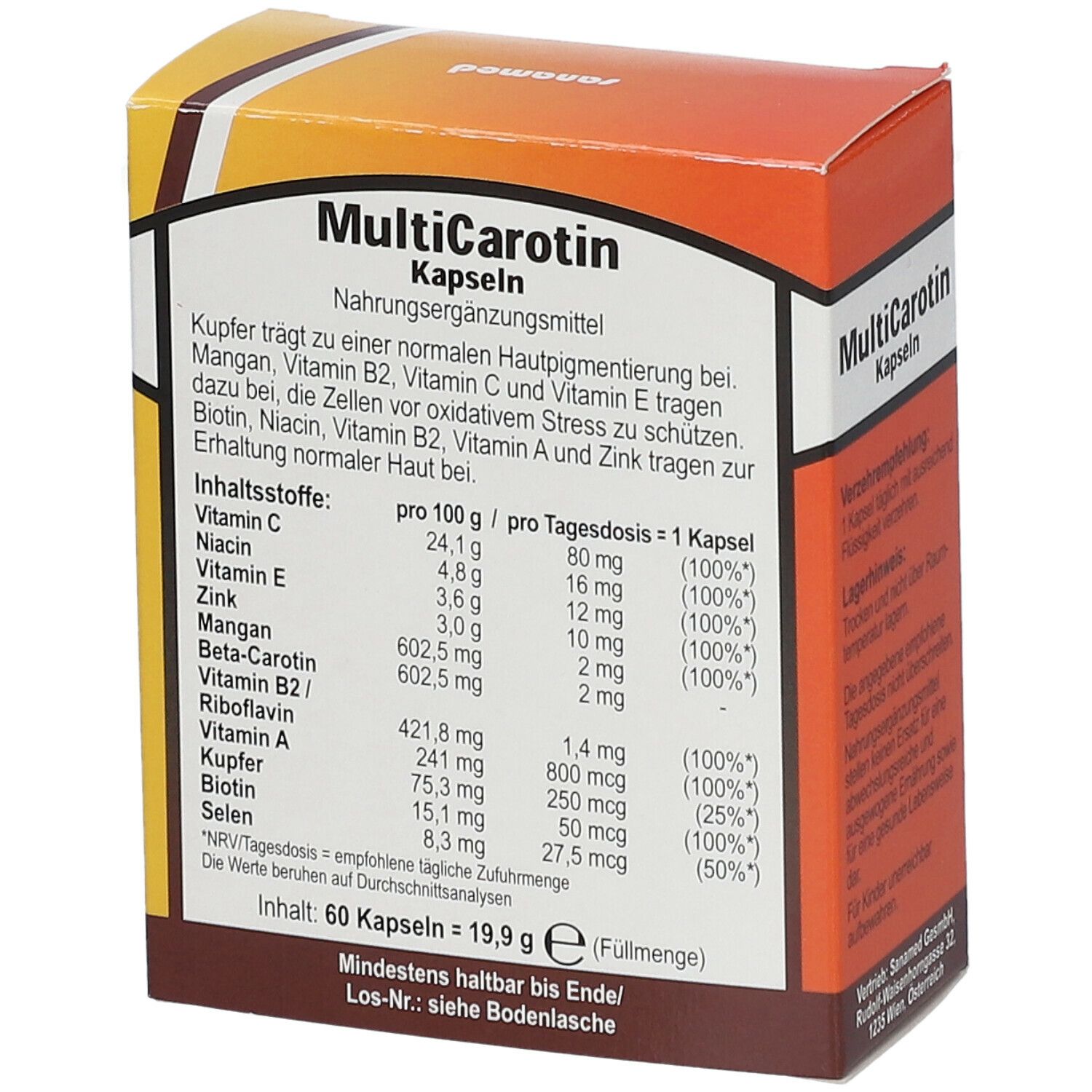 Rückseite der MultiCarotin Kapseln Verpackung. Aufschrift: MultiCarotin Kapseln, Nährgänzungsmittel. Inhaltsstoffe und Nährwertangaben.
