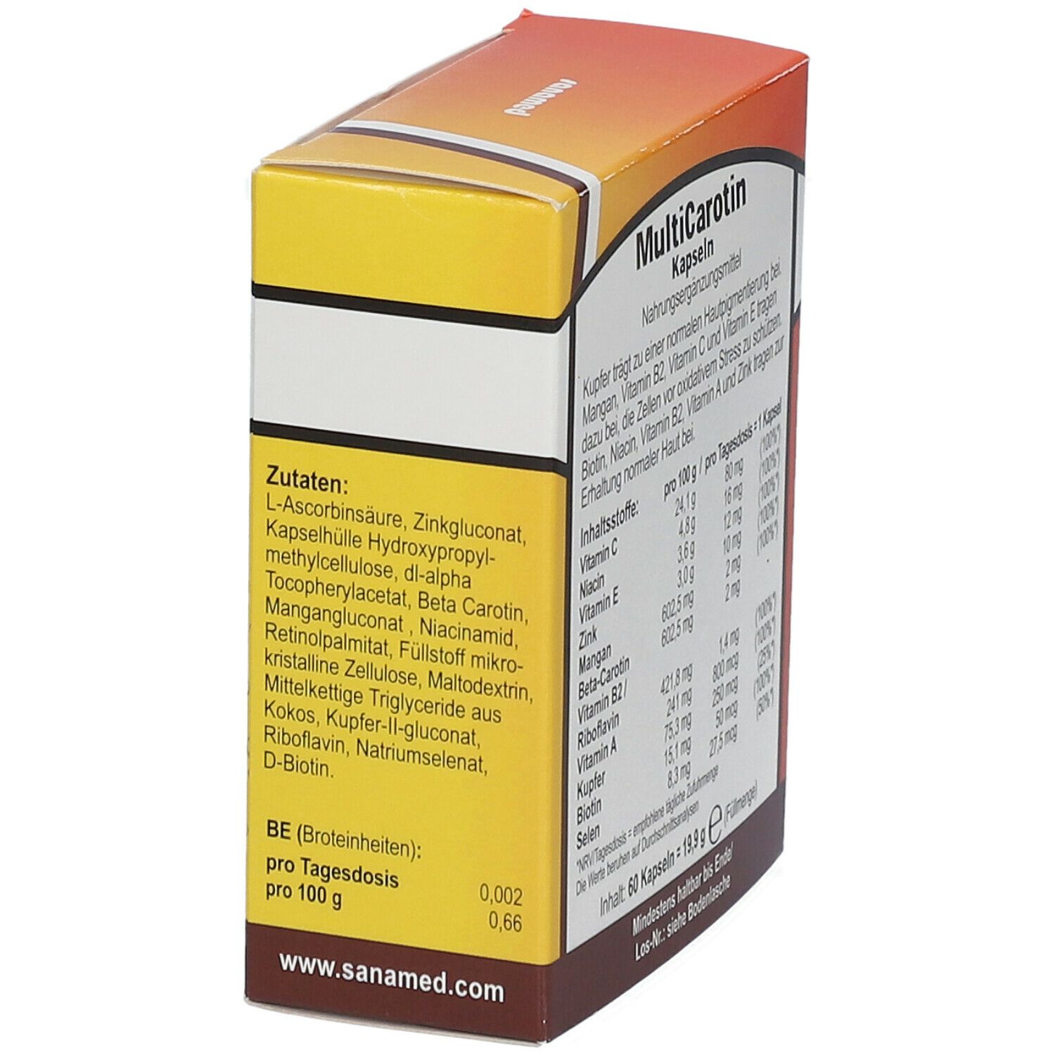 Rückseite der MultiCarotin Kapseln Verpackung. Aufschrift: MultiCarotin Kapseln, Nährgänzungsmittel. Zutaten und Nährwertangaben.