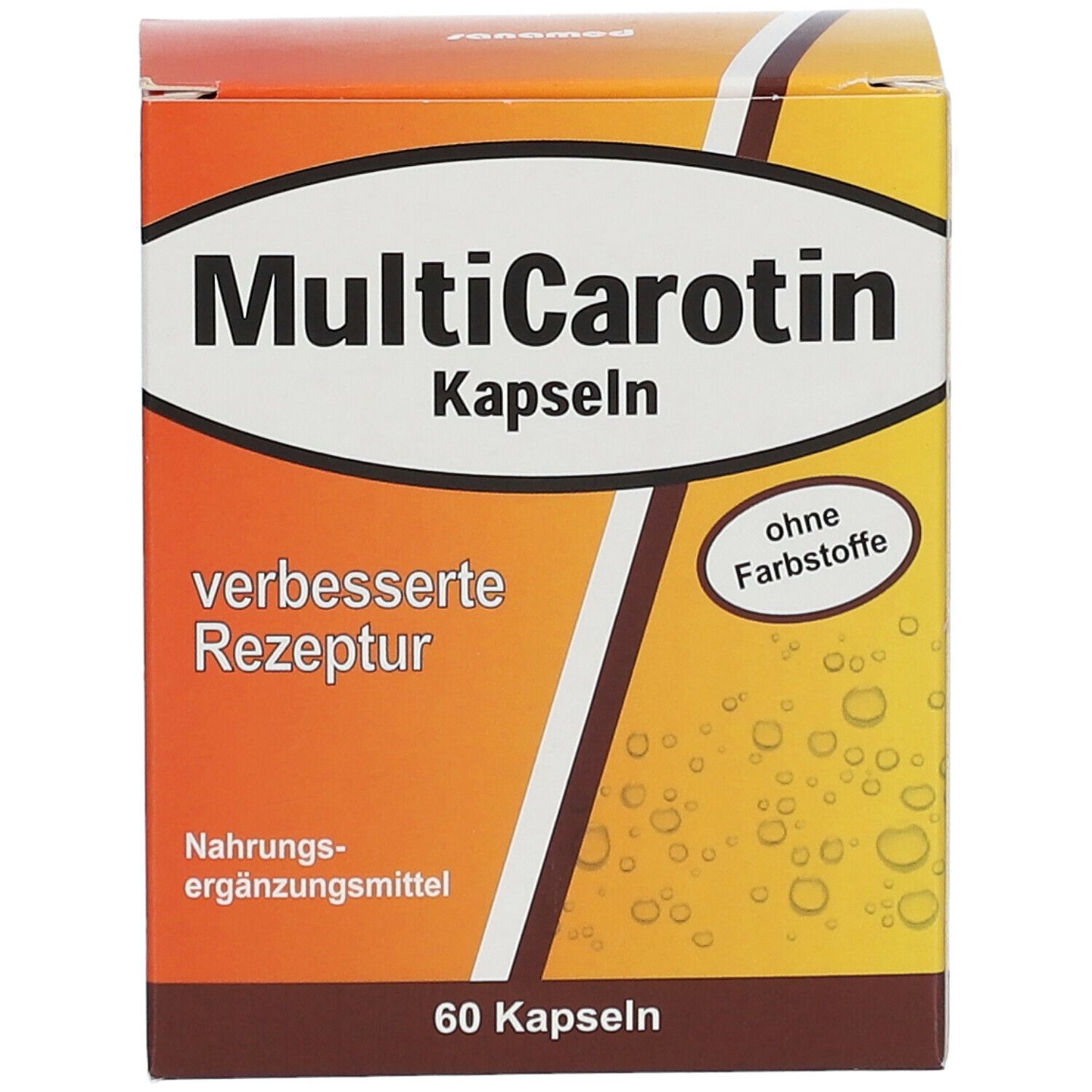 Vorderansicht der MultiCarotin Kapseln Verpackung. Aufschrift: MultiCarotin Kapseln, verbesserte Rezeptur, ohne Farbstoffe, 60 Kapseln.