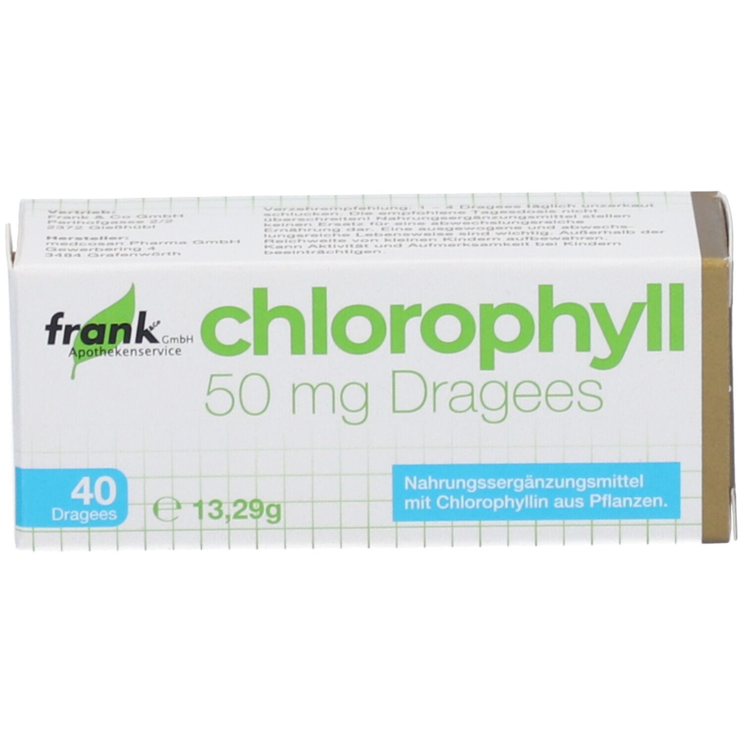 Schachtel mit "chlorophyll 50 mg Dragées". Aufschrift "frank". 40 Dragées. 13,29g. Nahrungsergänzungsmittel.