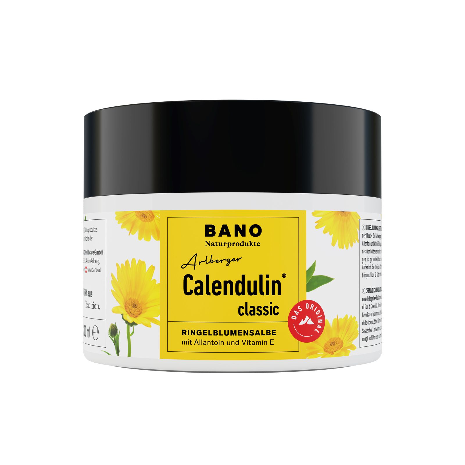 Creme-Dose mit schwarzem Deckel. Gelbes Etikett mit Produktnamen und Ringelblumen-Illustrationen.
