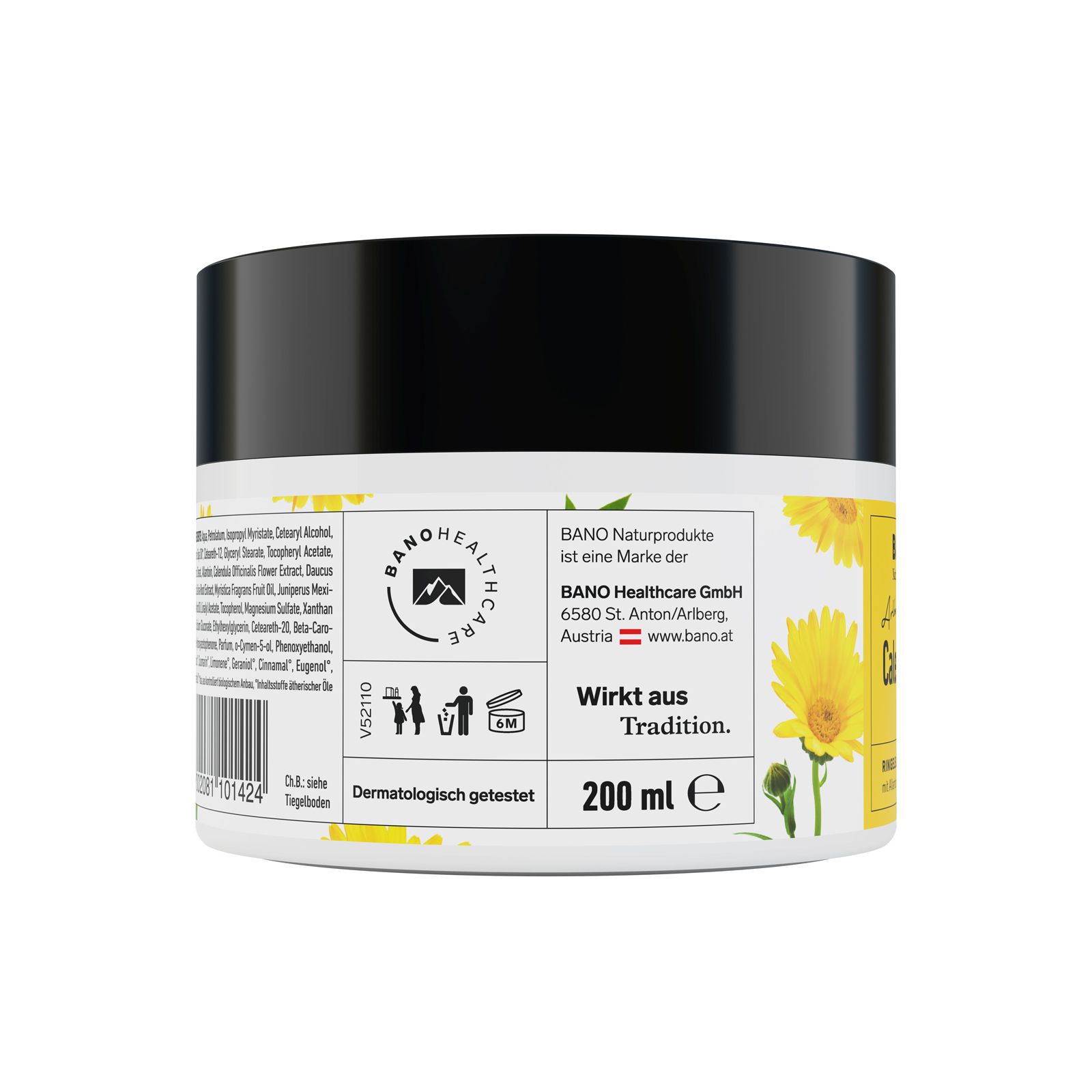 Rückseite der Creme-Dose. Enthält Text, Inhaltsstoffe, Herstellerinformationen und ein Haltbarkeitssymbol.