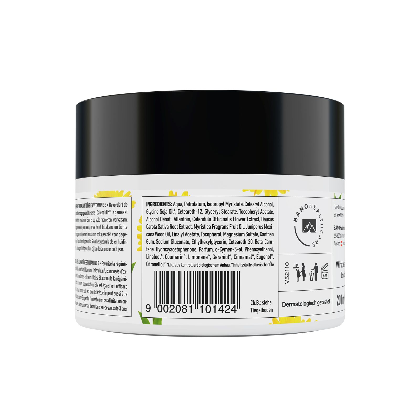 Rückseite der Creme-Dose. Enthält Text, Inhaltsstoffe, Herstellerinformationen und ein Haltbarkeitssymbol.