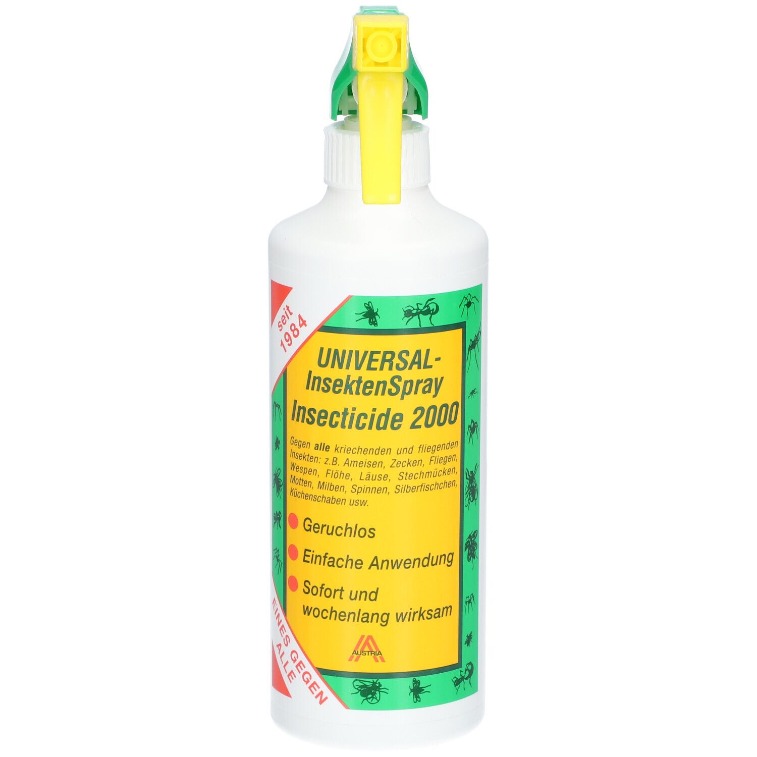 Weiße Sprühflasche mit grünem und gelbem Sprühkopf. Aufschrift: UNIVERSAL-InsektenSpray Insecticide 2000.