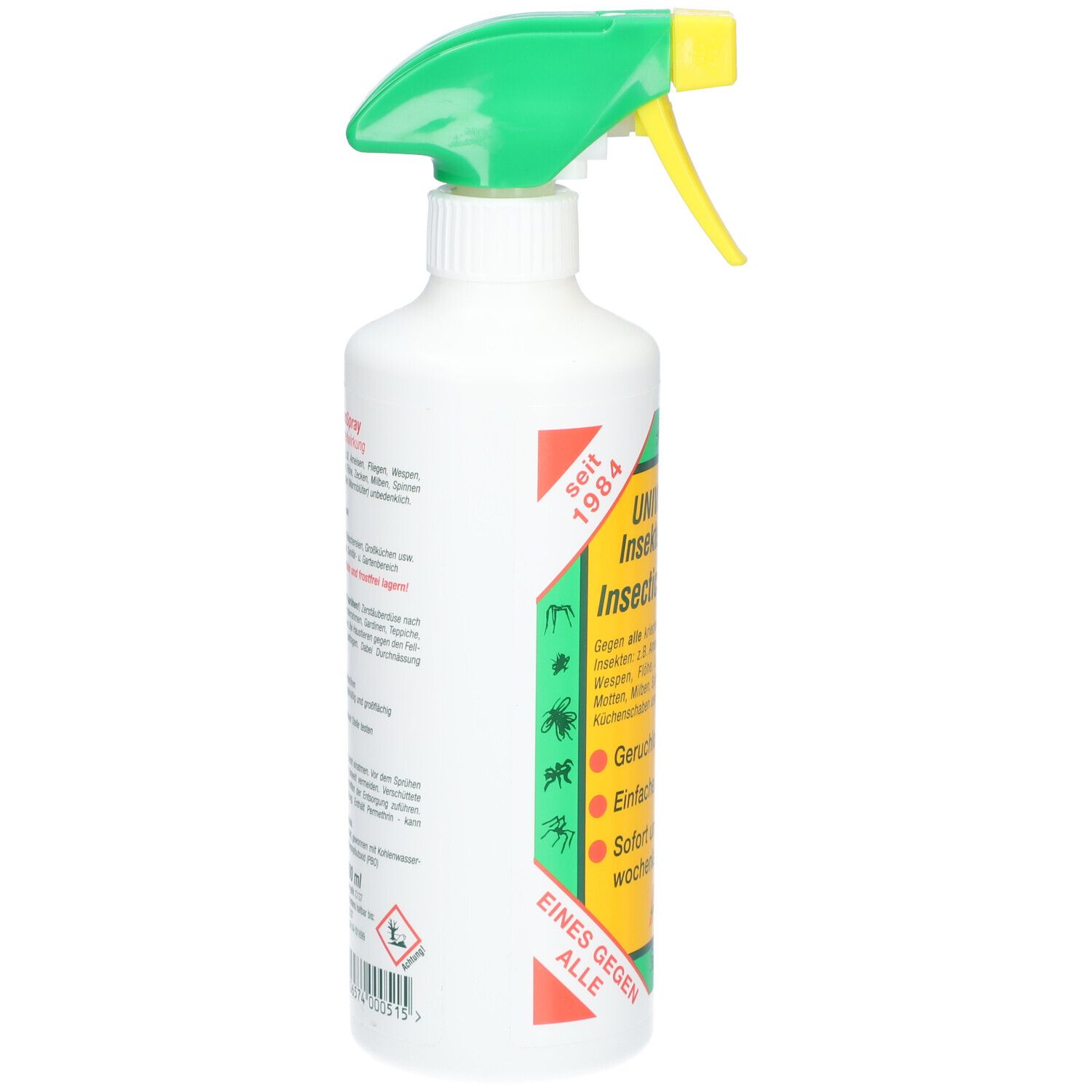 Weiße Sprühflasche mit grünem und gelbem Sprühkopf. Aufschrift: UNIVERSAL-InsektenSpray Insecticide 2000. Seitenansicht.