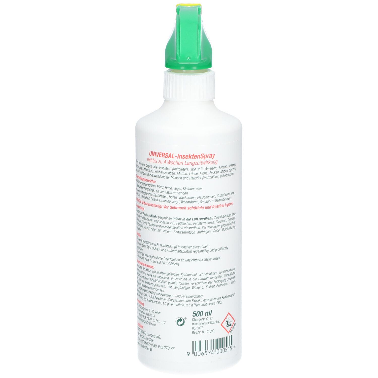 Weiße Sprühflasche mit grünem und gelbem Sprühkopf. Rückseite mit Text und 500 ml Angabe.