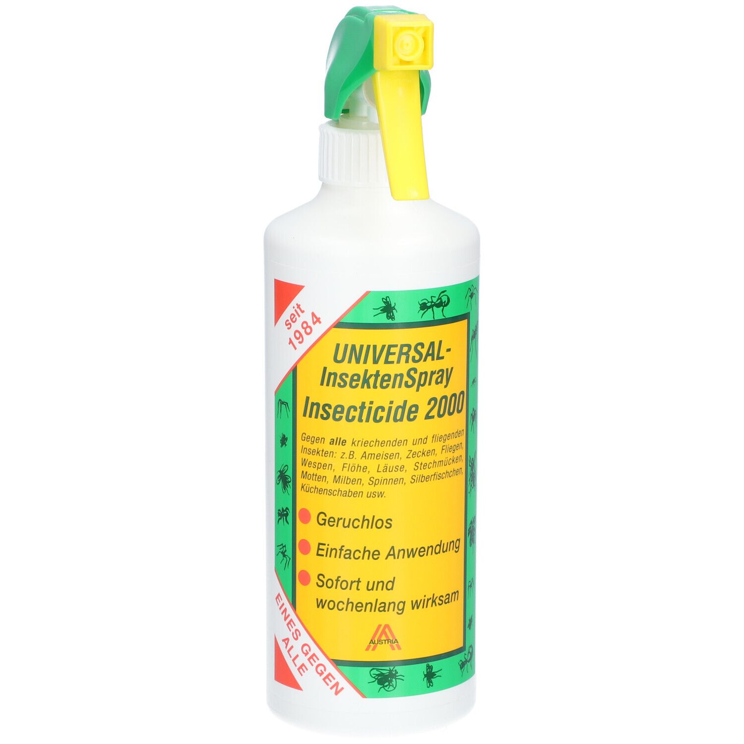Weiße Sprühflasche mit grünem und gelbem Sprühkopf. Aufschrift: UNIVERSAL-InsektenSpray Insecticide 2000.