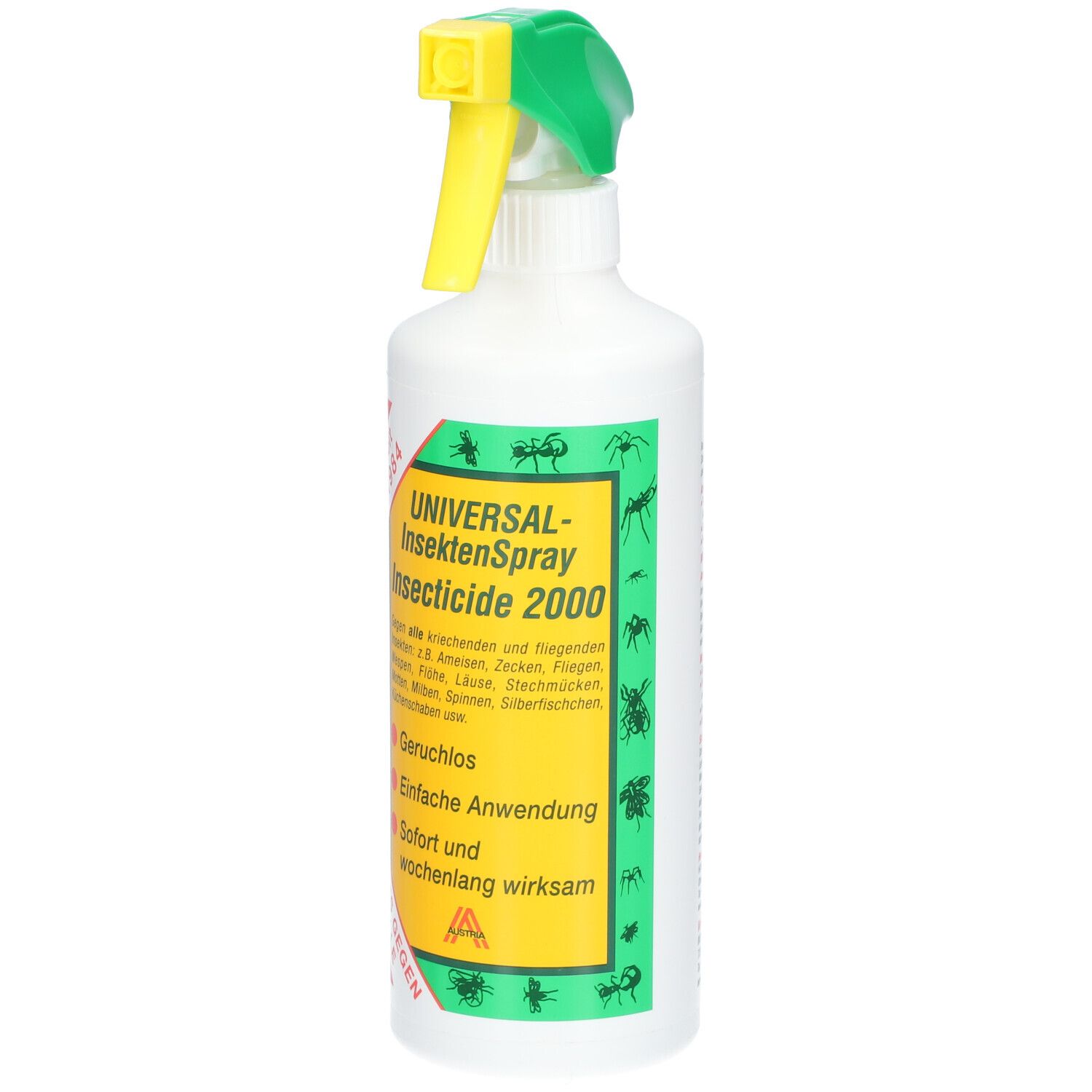 Weiße Sprühflasche mit grünem und gelbem Sprühkopf. Aufschrift: UNIVERSAL-InsektenSpray Insecticide 2000.
