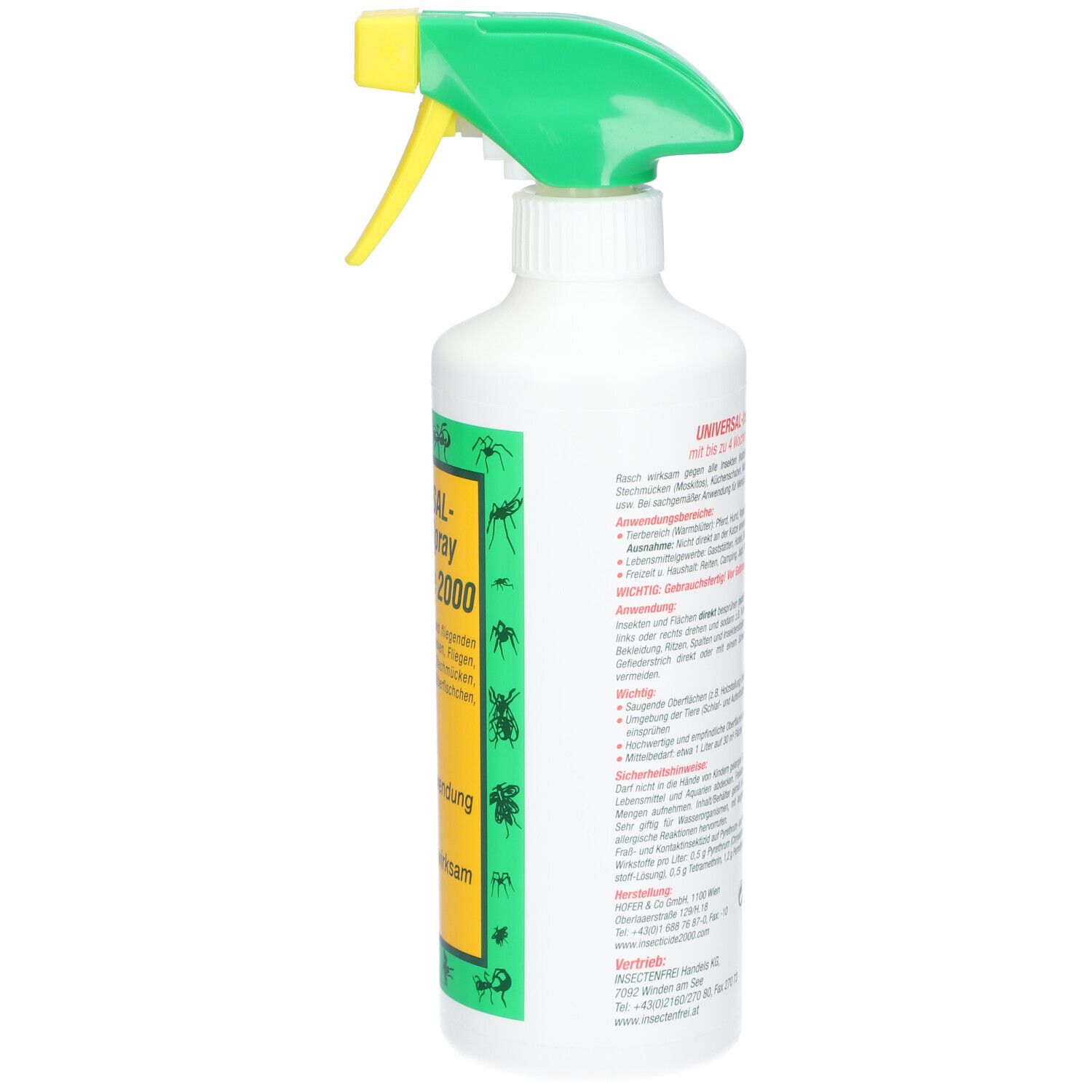 Weiße Sprühflasche mit grünem und gelbem Sprühkopf. Rückseite mit Text.