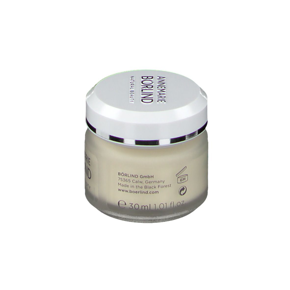 Creme-Glas mit weißem Deckel. Auf dem Glas steht "ANNEMARIE BÖRLIND". Aufschrift: 30 ml, 1.01 fl.oz.