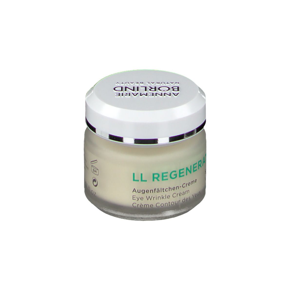 Creme-Glas mit weißem Deckel. Aufschrift: "LL REGENERATION Augenfältchen-Creme Eye Wrinkle Cream".