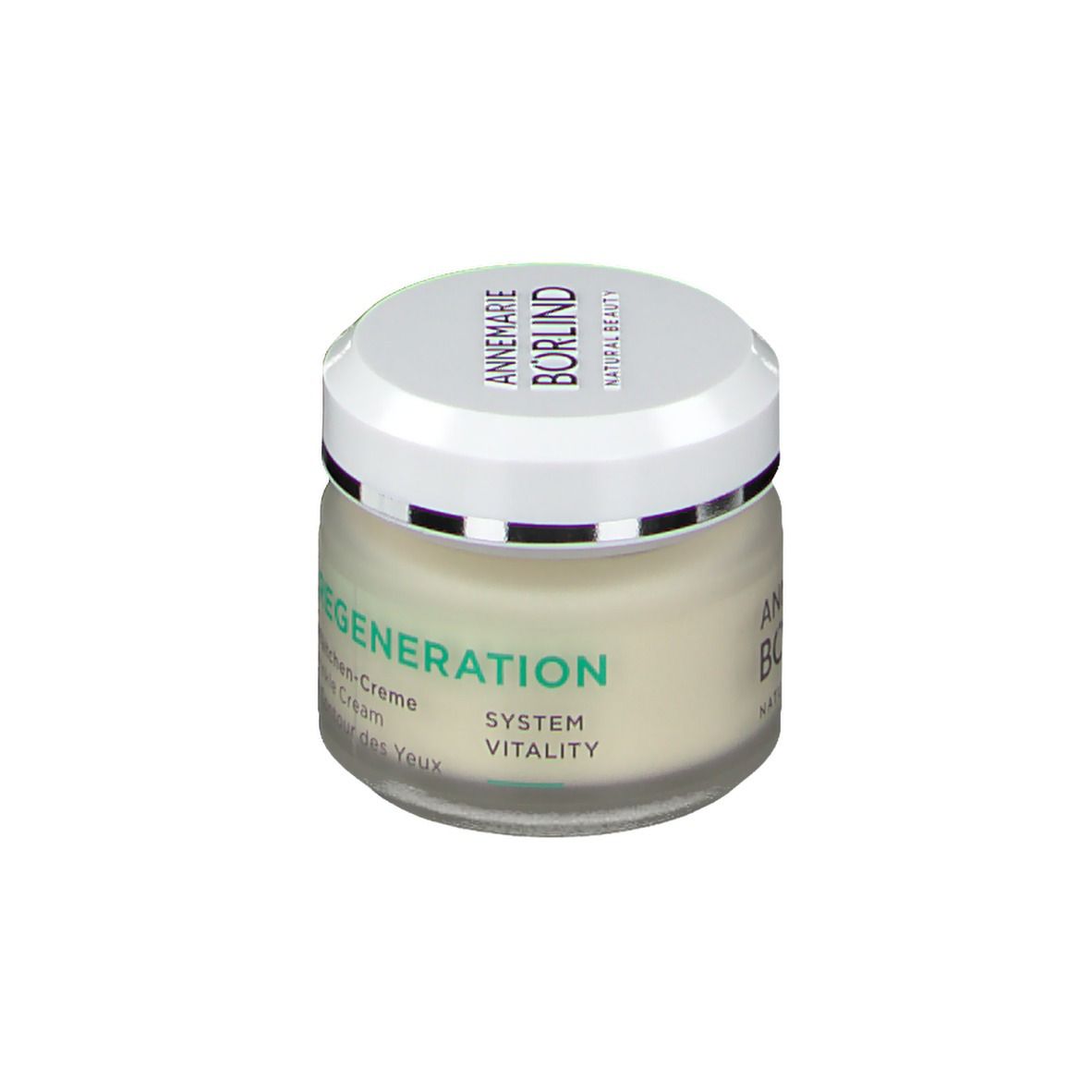 Creme-Glas mit weißem Deckel. Aufschrift: "REGENERATION Eye Wrinkle Cream SYSTEM VITALITY".