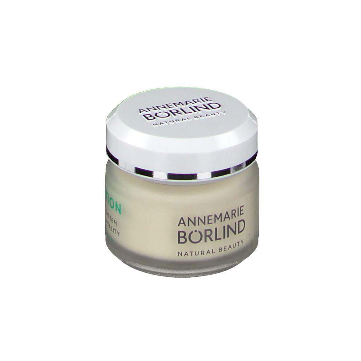 Creme-Glas mit weißem Deckel. Aufschrift: "REGENERATION Eye Wrinkle Cream SYSTEM VITALITY".