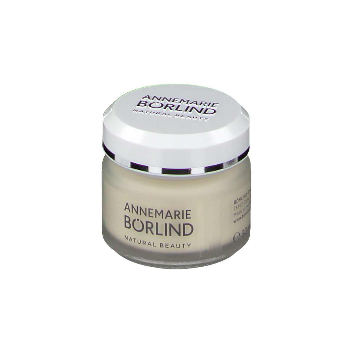 Creme-Glas mit weißem Deckel. Aufschrift: "ANNEMARIE BÖRLIND". Aufschrift: 30 ml, 1.01 fl.oz.