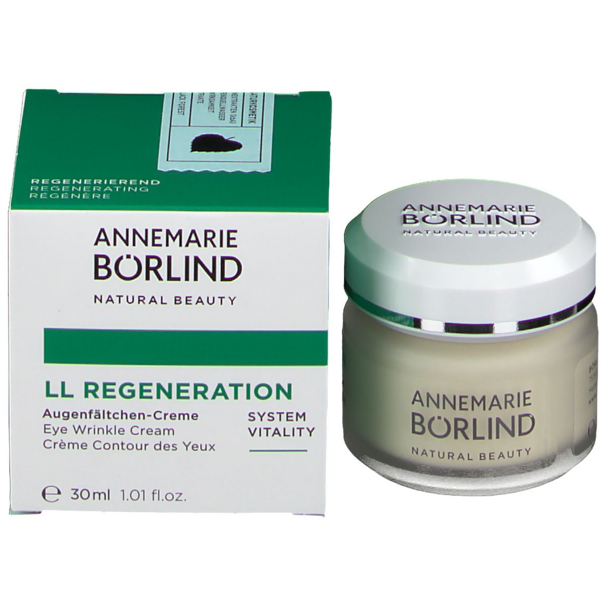 Creme-Glas und Schachtel. Auf der Schachtel steht: "LL REGENERATION Augenfältchen-Creme".