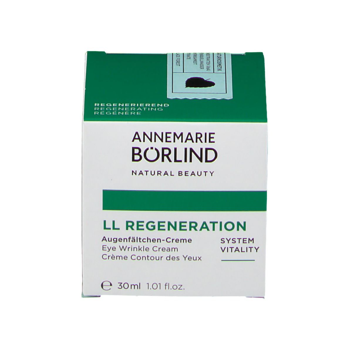 Grüne Schachtel mit weißer Schrift. Aufschrift: "LL REGENERATION Augenfältchen-Creme".