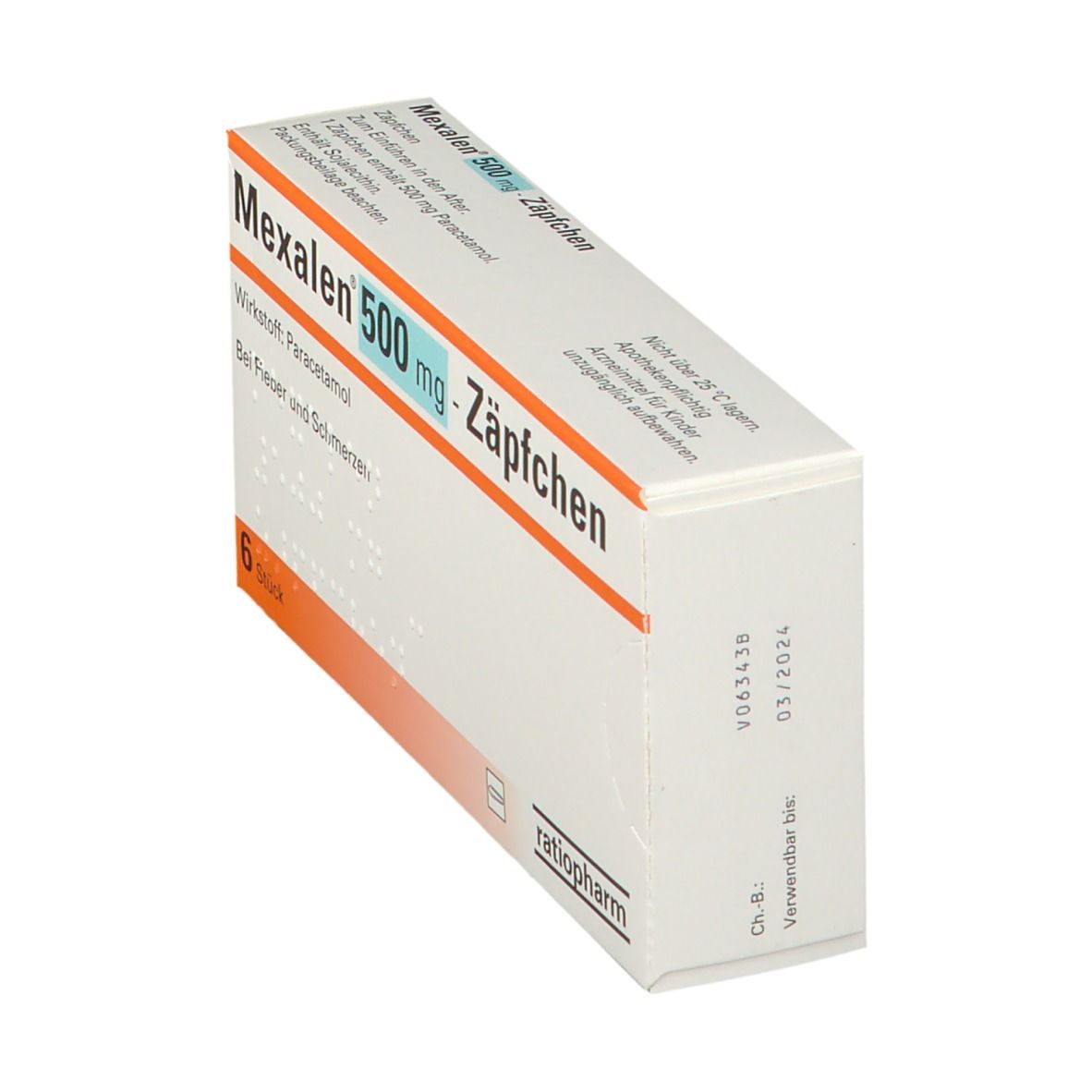 Schräg gestellte Packung Mexalen 500 mg-Zäpfchen. Enthält 6 Stück. Wirkstoff: Paracetamol. Bei Fieber und Schmerzen. Marke: ratiopharm. Verfallsdatum.