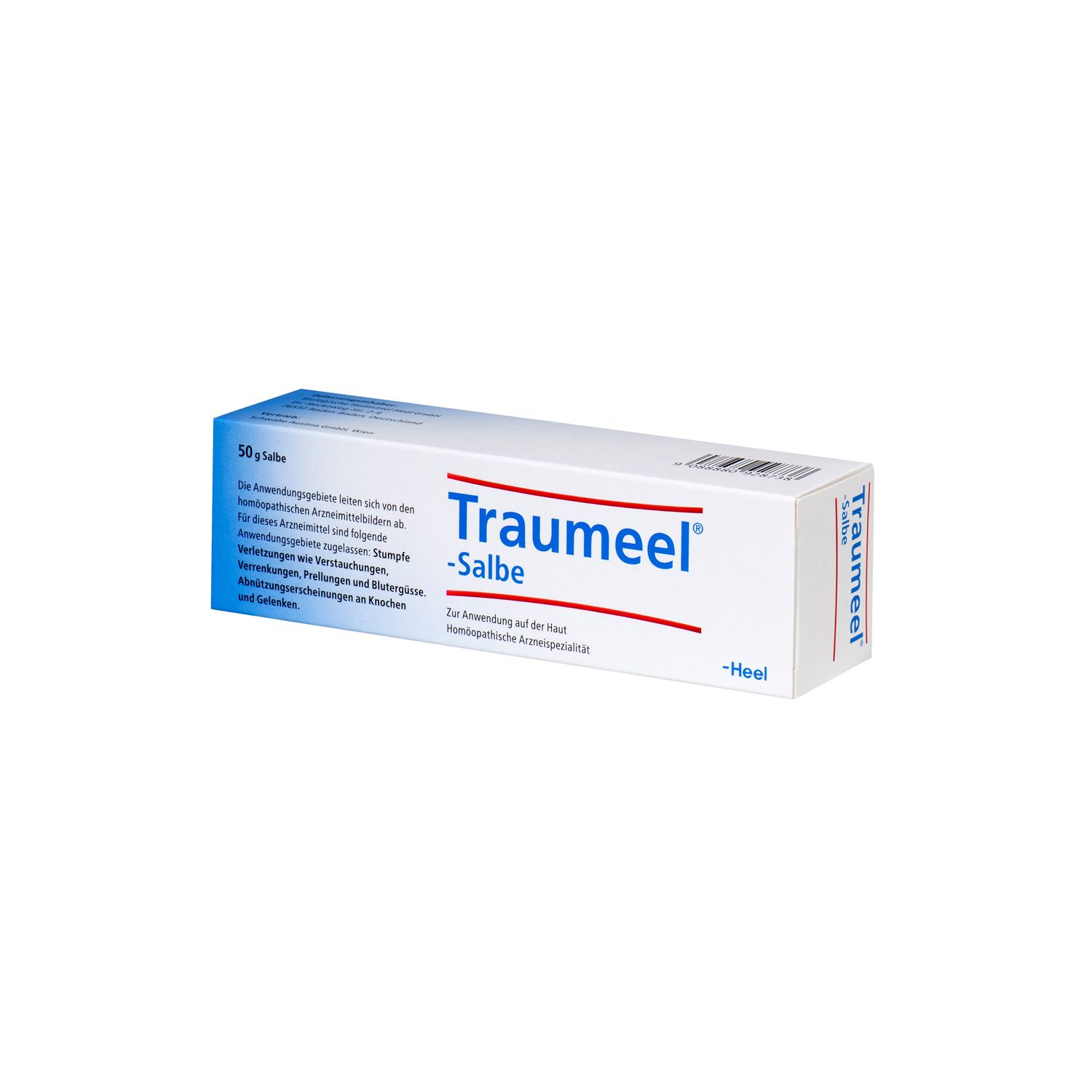 Weiße Schachtel mit blauer und roter Schrift. Aufschrift: Traumeel Salbe. 50g Salbe.