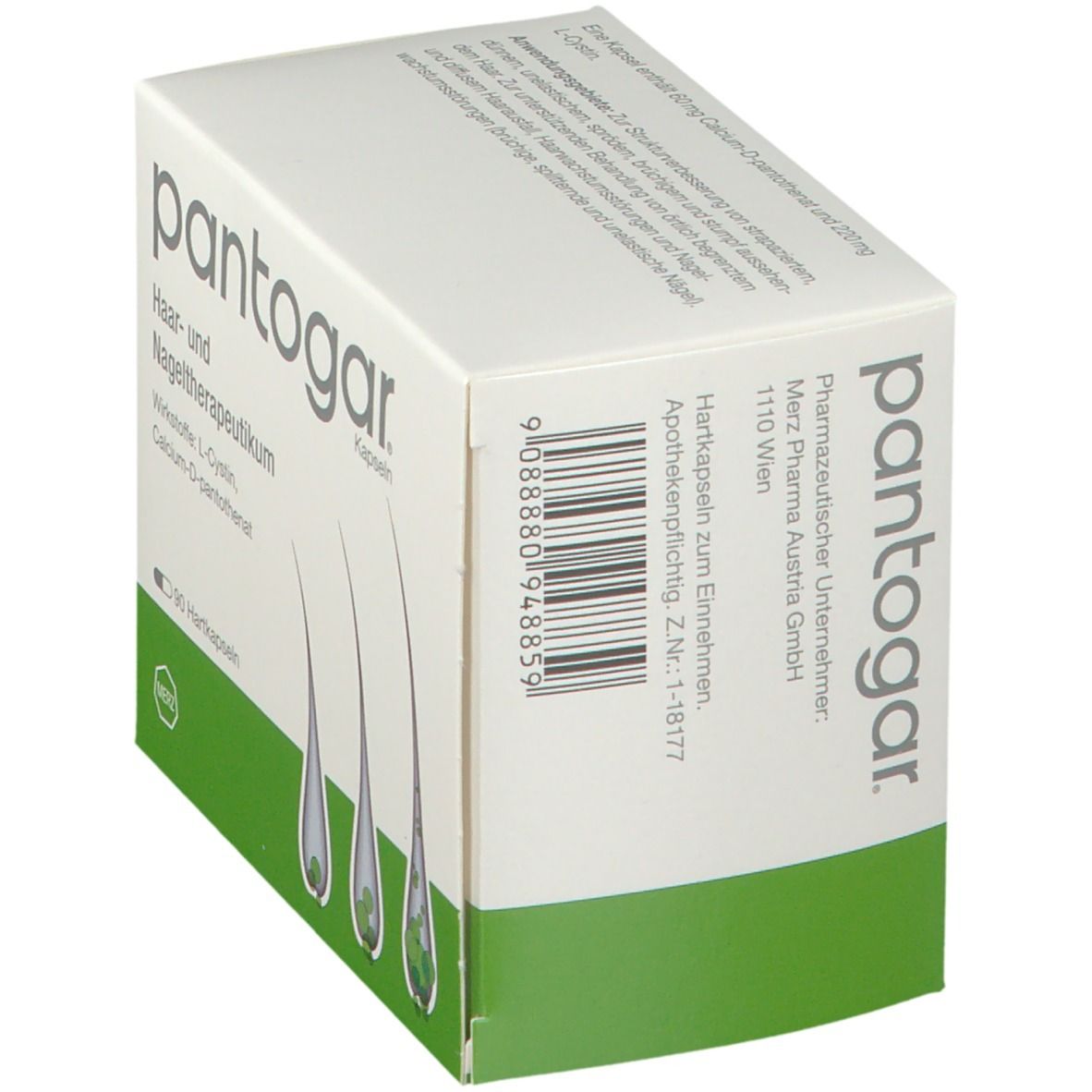 Weiße Schachtel mit grünem Boden. Aufschrift: pantogar. Rückseite mit Text und Barcode. Merz Pharma Austria GmbH.
