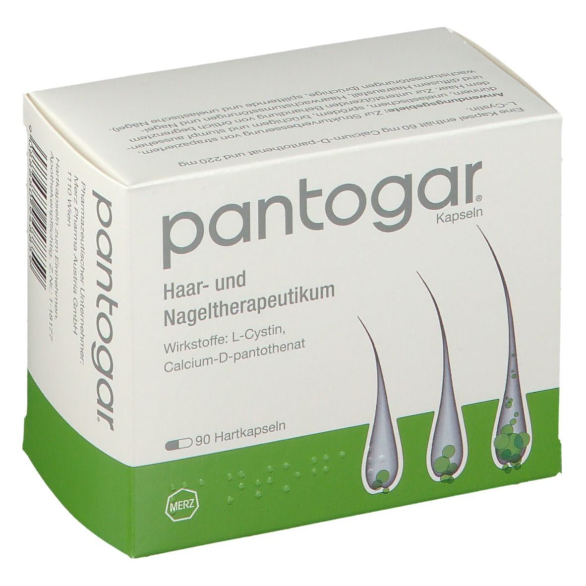 Weiße Schachtel mit grünem Boden. Aufschrift: pantogar, Haar- und Nageltherapeutikum. Enthält 90 Hartkapseln. Merz-Logo.