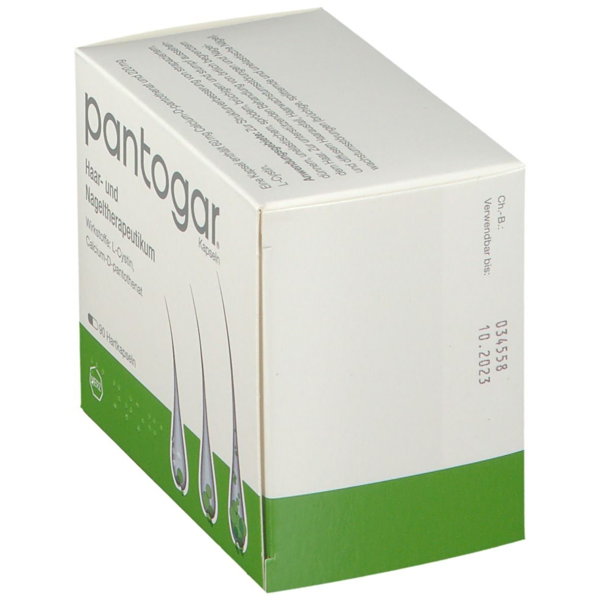 Weiße Schachtel mit grünem Boden. Aufschrift: pantogar, Haar- und Nageltherapeutikum. Verfallsdatum 10.2023.