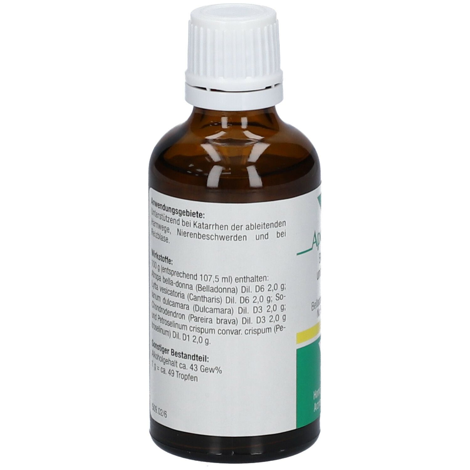 Braune Glasflasche mit weißem Deckel. Etikett mit Inhaltsstoffen und Anwendungsgebieten. APOZEMA® Blasen- und Nieren-Tropfen Nr. 9.