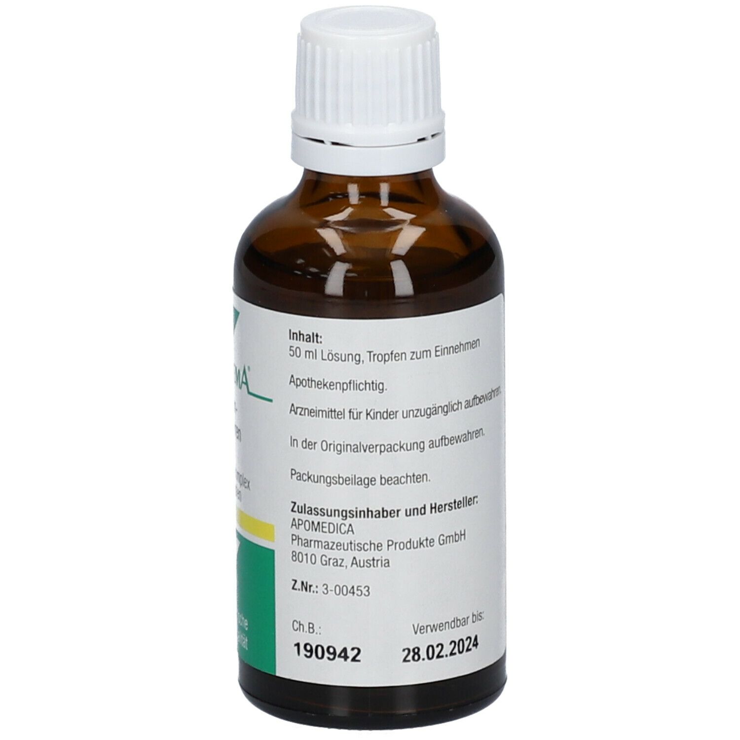 Braune Glasflasche mit weißem Deckel. Etikett mit Informationen. APOZEMA® Blasen- und Nieren-Tropfen Nr. 9. Apothekenpflichtig.