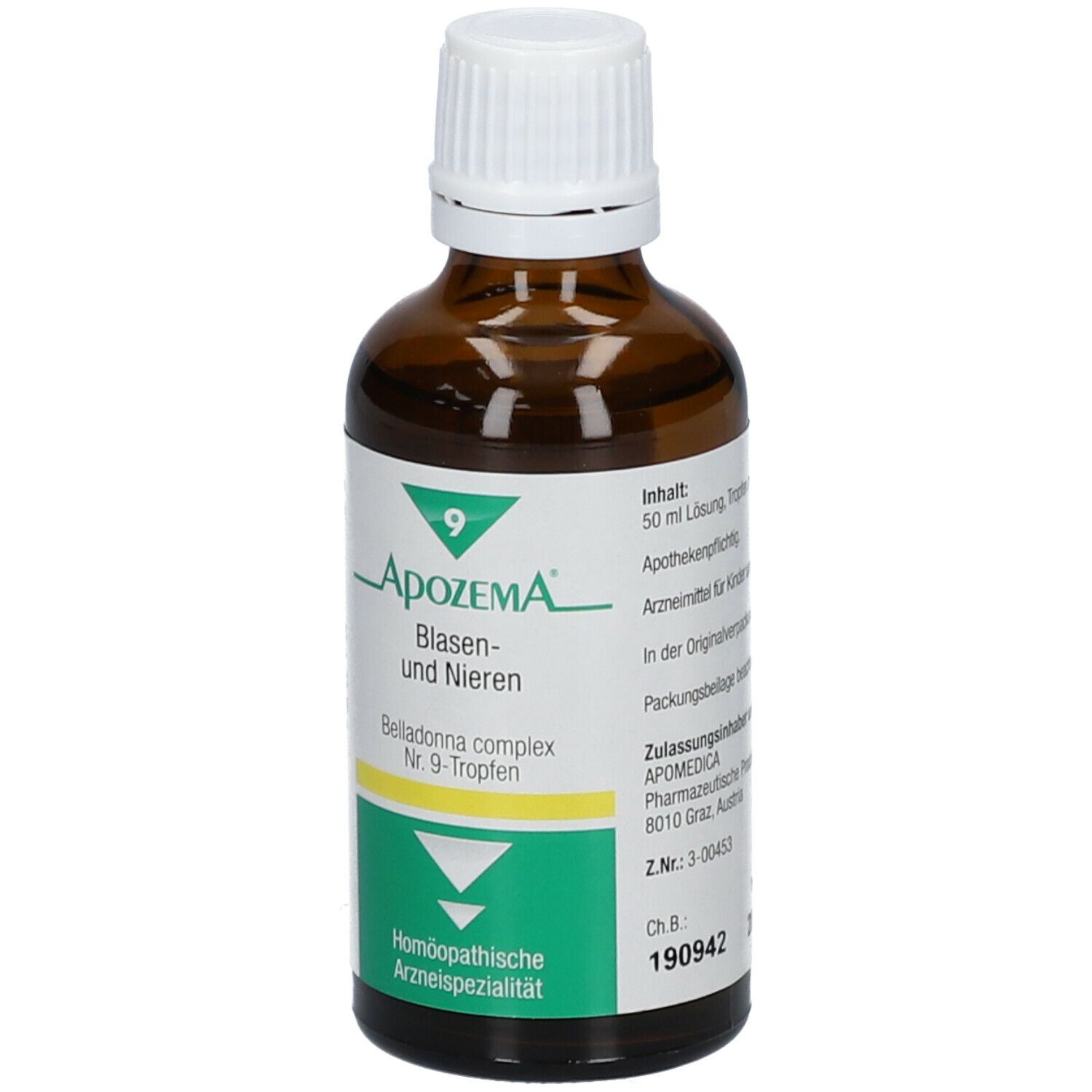 Braune Glasflasche mit weißem Deckel. Etikett mit Produktnamen APOZEMA® Blasen- und Nieren-Tropfen Nr. 9. Homöopathisches Arzneimittel.