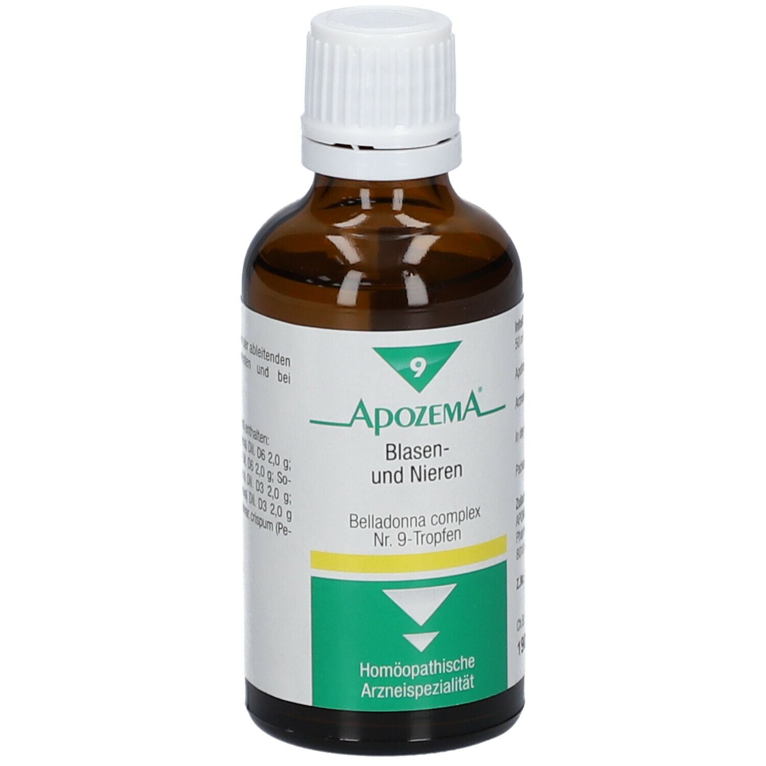 Braune Glasflasche mit weißem Deckel. Etikett mit Produktinformationen. APOZEMA® Blasen- und Nieren-Tropfen Nr. 9. Homöopathisches Arzneimittel.