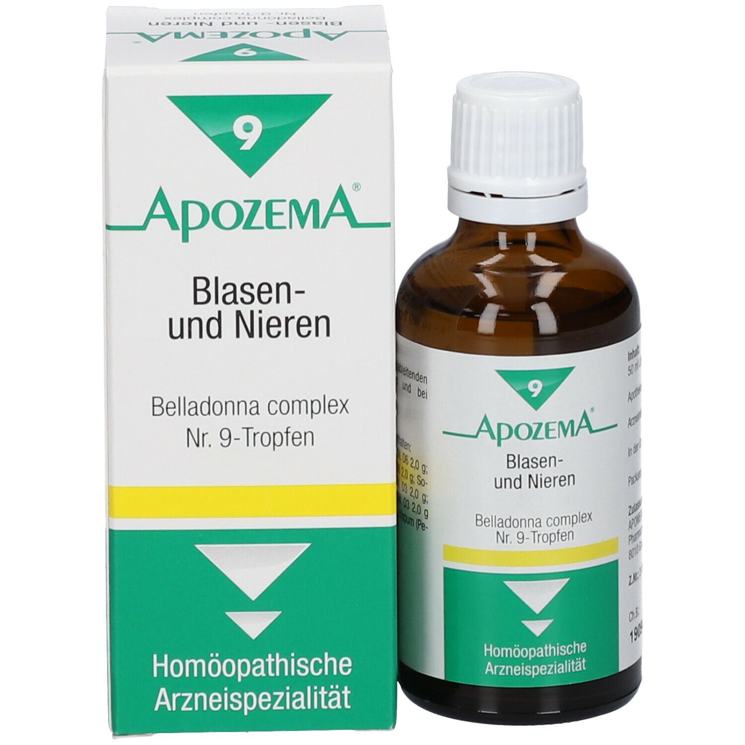 Produktverpackung und Flasche. APOZEMA® Blasen- und Nieren-Tropfen Nr. 9. Homöopathisches Arzneimittel. Braune Flasche, weißer Deckel.